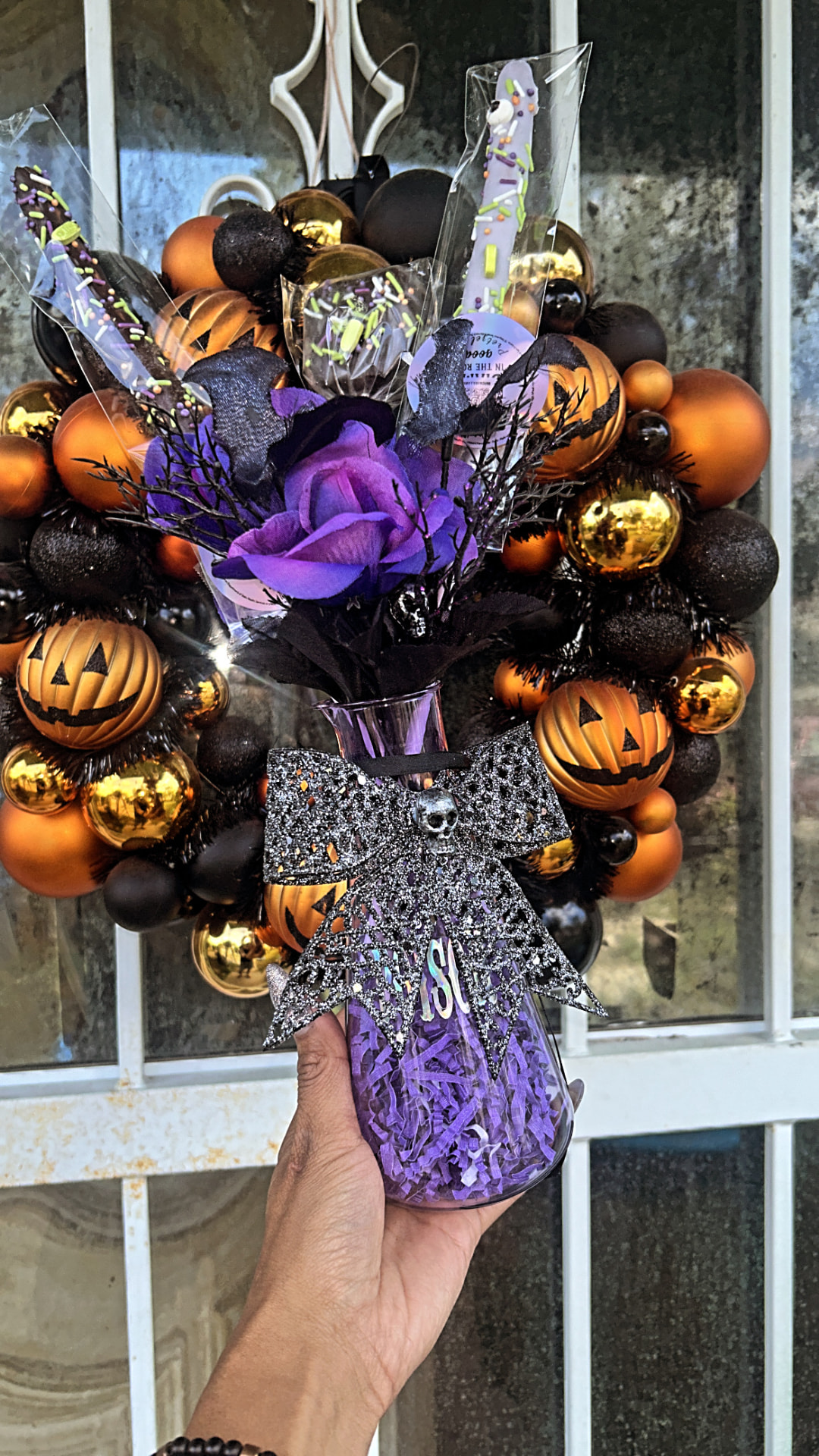 Halloween boo basket with purple rose and pretzel rods