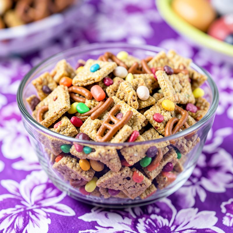 Sweet chex mix snack bowl with candy