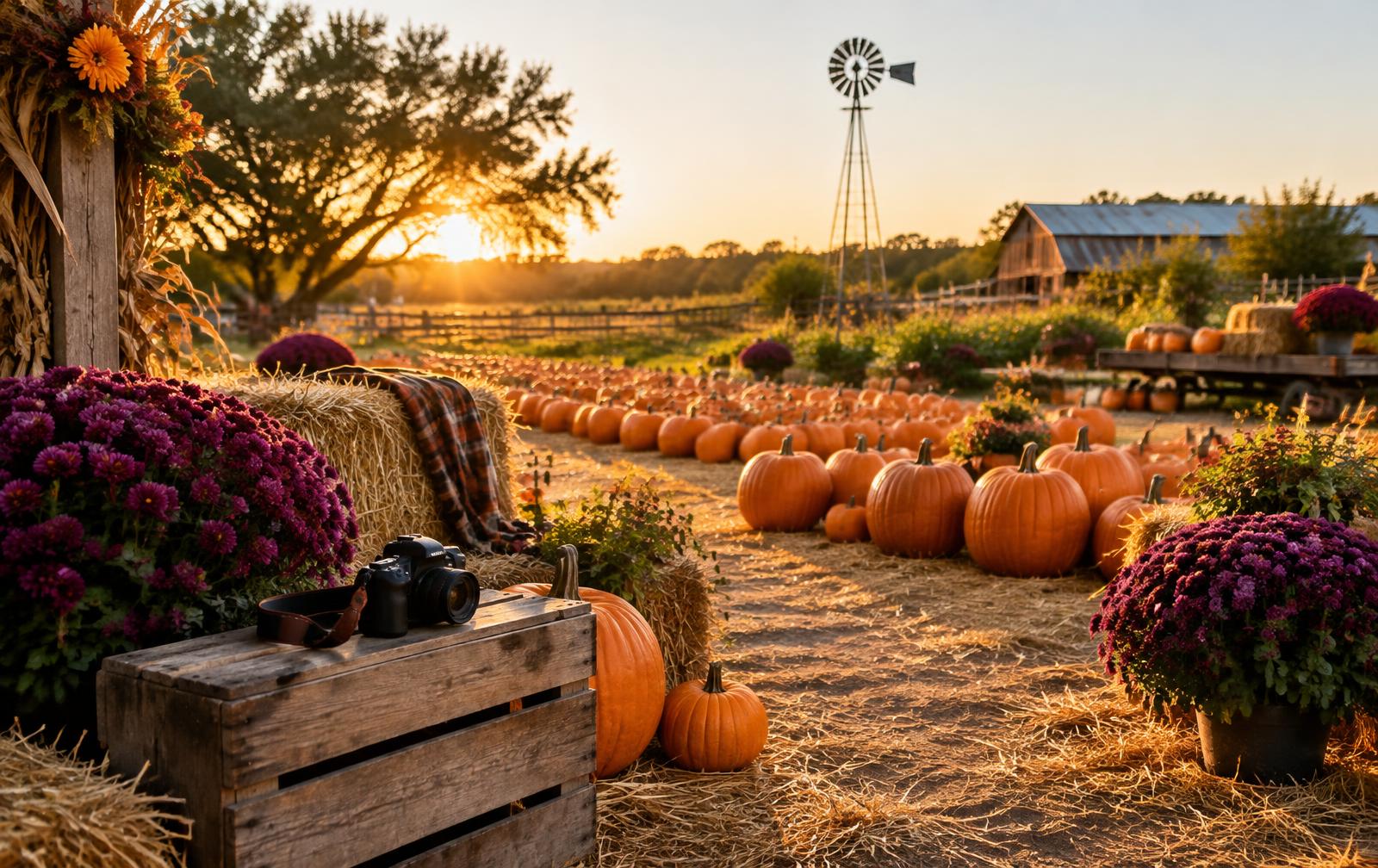 Pumpkin patch at golden hour with a camera